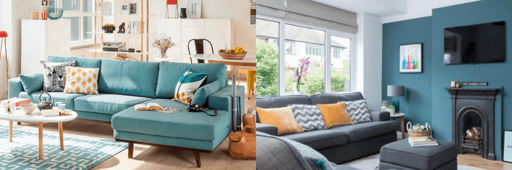 grey and turquoise living room